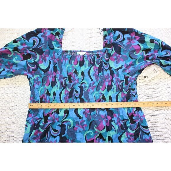 Terra & Sky Multicolor Blue Peasant Midi Dress Plus 4X Square Neck Long Sleeves - Picture 4 of 12